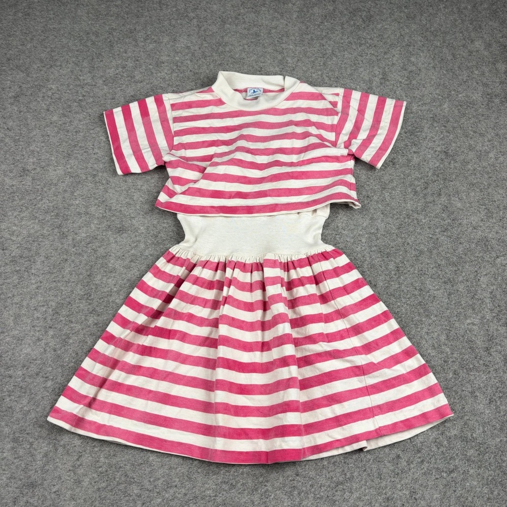 After the Stork Dress Girls Size 6 Pink White Striped Vintage Made in USA Cotton